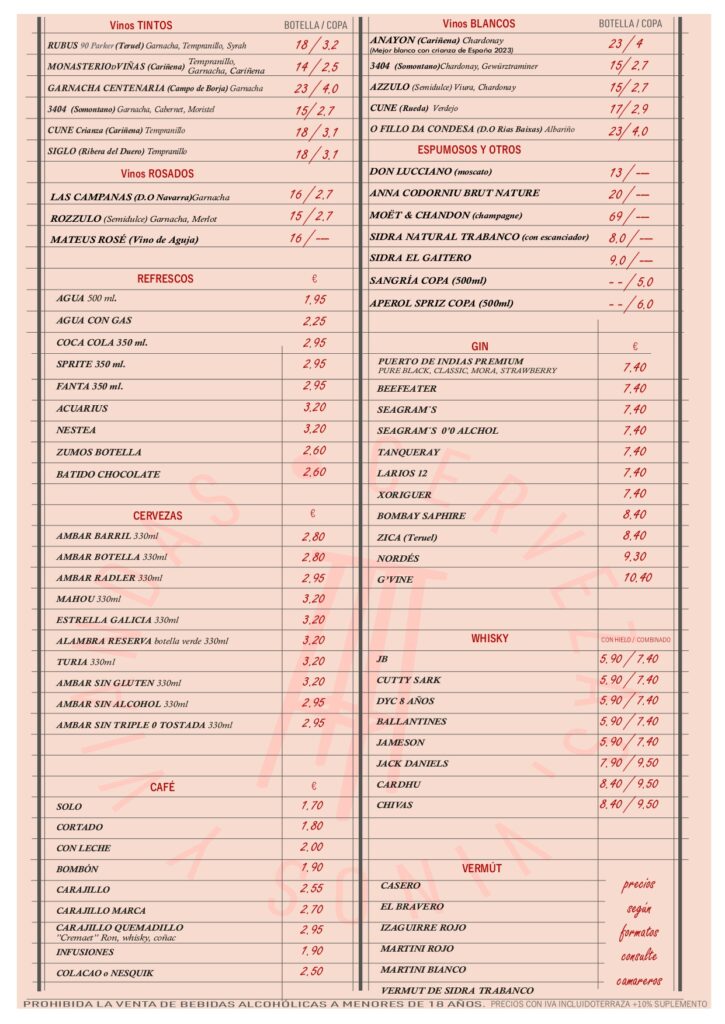 Bebidas y vinos - El Museo Burger Bar