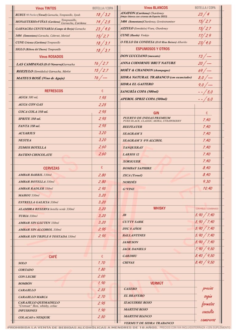 Bebidas y vinos - El Museo Burger Bar